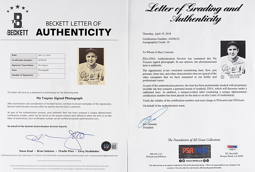 1963 Pie Traynor Signed Hall of Fame Picture Pack Photograph - Full Beckett LOA & PSA/DNA Full LOA with MINT 10 Autograph Grade