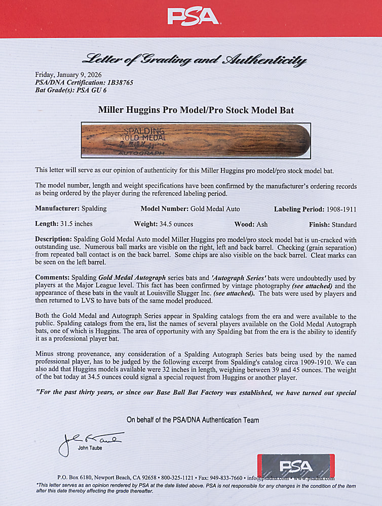 1908-1911 Miller Huggins Gold Medal Autograph Series Game Used Pro Model Bat PSA/DNA GU 6
