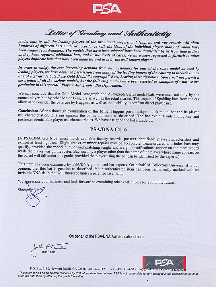 1908-1911 Miller Huggins Gold Medal Autograph Series Game Used Pro Model Bat PSA/DNA GU 6