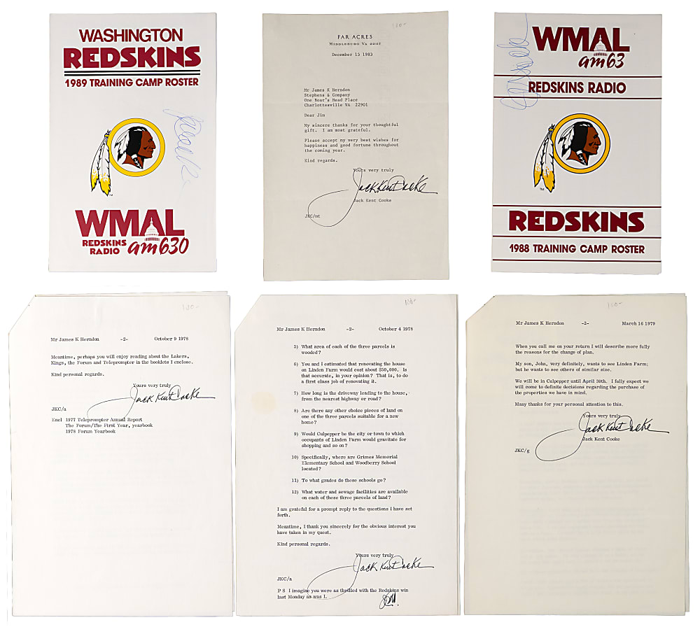 Jack Kent Cooke Signed Flats (11) Plus Barnee Breeskin Signed Letter Washington Redskins Collection (12 Total Items)
