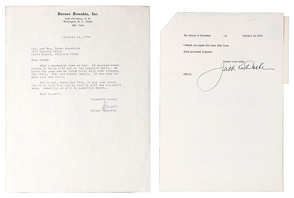 Jack Kent Cooke Signed Flats (11) Plus Barnee Breeskin Signed Letter Washington Redskins Collection (12 Total Items)