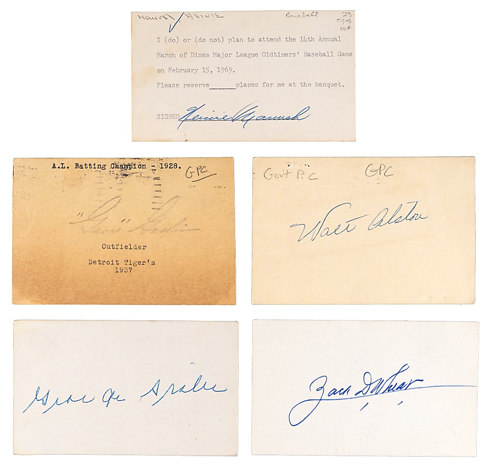 Hall of Famer Signed Index Cards/Government Postcards (5) with Goslin, Manush & Wheat