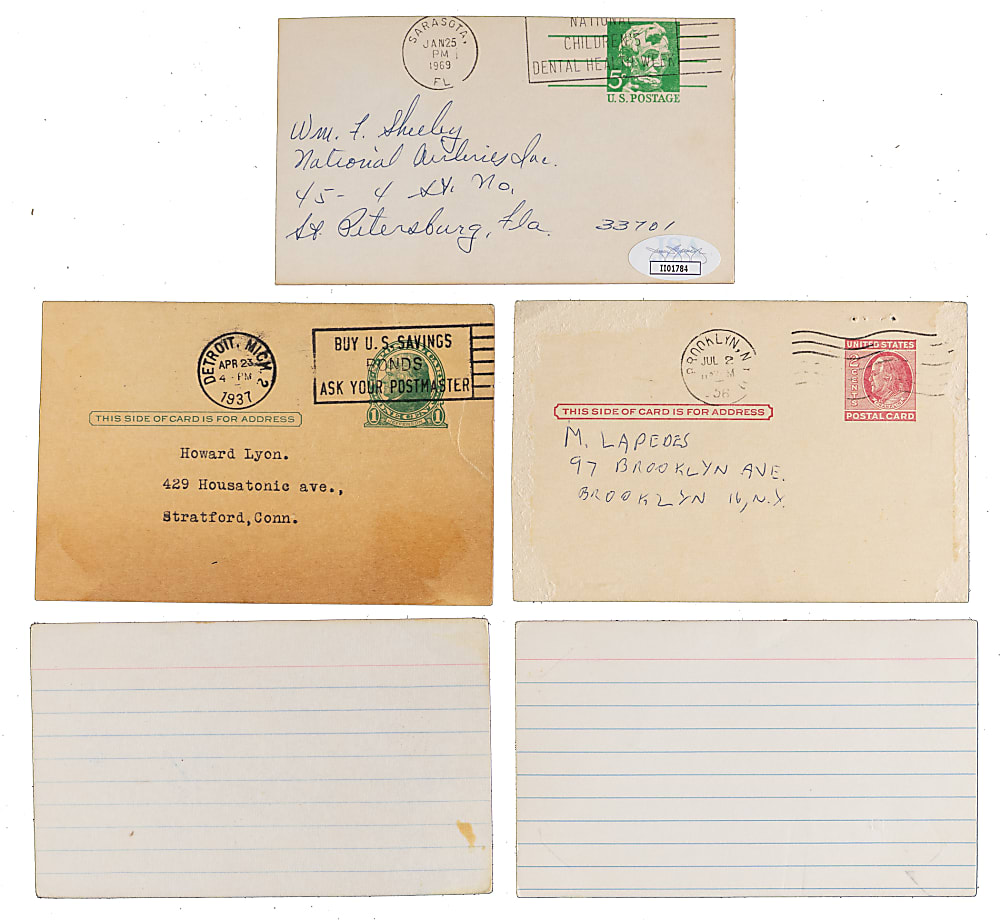 Hall of Famer Signed Index Cards/Government Postcards (5) with Goslin, Manush & Wheat