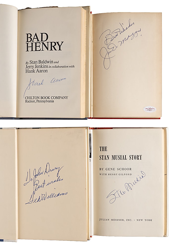 Hall of Famer Signed Hardcover Books (4) with Aaron, DiMaggio, Musial & T. Williams