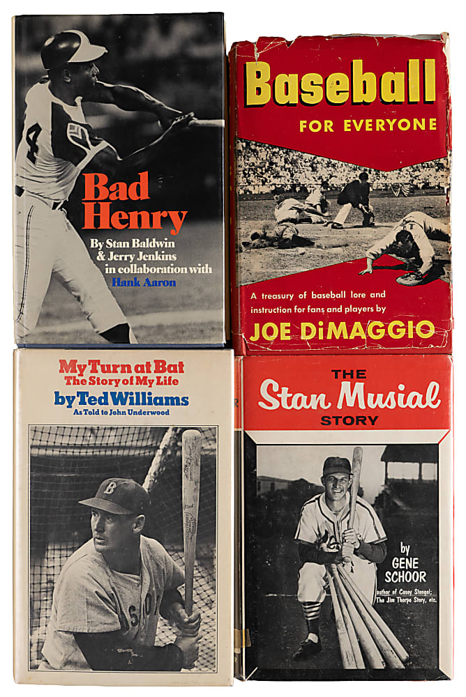 Hall of Famer Signed Hardcover Books (4) with Aaron, DiMaggio, Musial & T. Williams