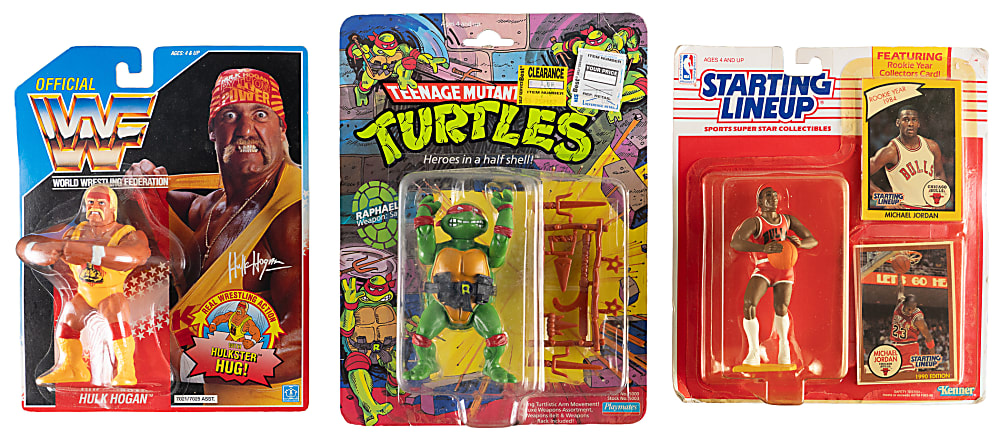 1980s-1990s Sealed Sport/Non-Sport Figures (8) with Rare Playmates TMNT Raphael, Titan WWF Hulk Hogan & Kenner SLU Michael Jordan