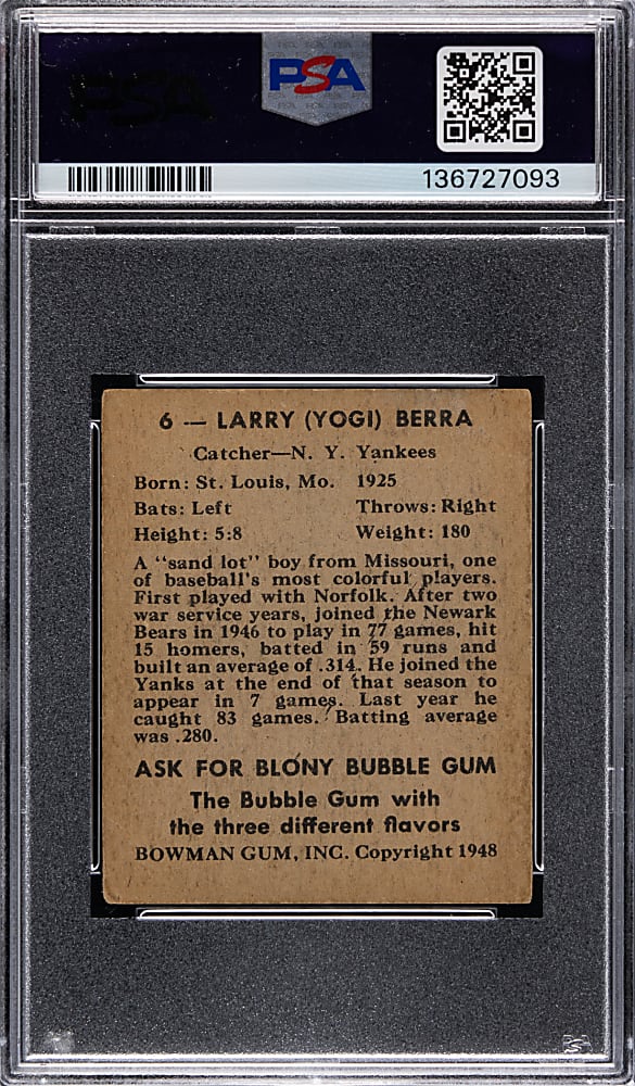 1948 Bowman #6 Yogi Berra Rookie PSA GOOD 2
