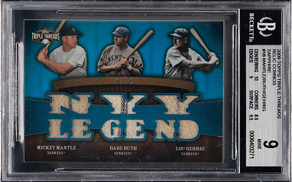 2009 Topps Triple Threads Relic Combos Mickey Mantle/Babe Ruth /Lou Gehrig Sapphire #2/3 BGS MINT 9