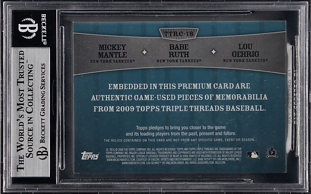 2009 Topps Triple Threads Relic Combos Mickey Mantle/Babe Ruth /Lou Gehrig Sapphire #2/3 BGS MINT 9