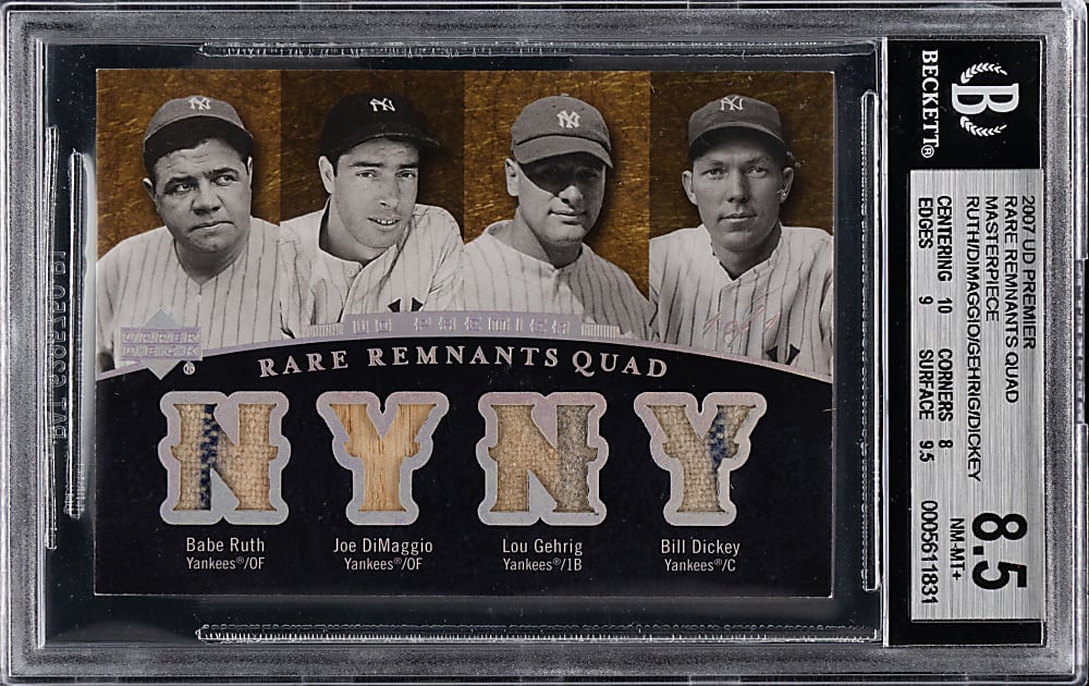2007 Upper Deck Premier Rare Remnants Quad Masterpiece with Babe Ruth, Joe DiMaggio, Lou Gehrig & Bill Dickey #1/1 BGS NM-MT+ 8.5