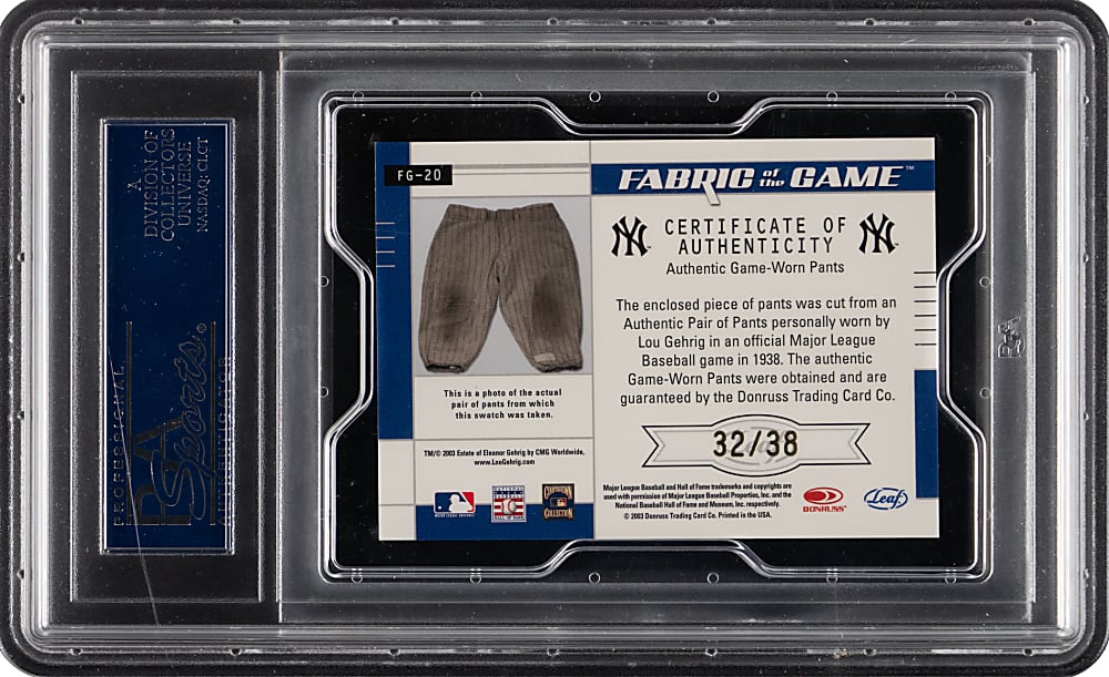 2003 Leaf Certified Materials Fabric of the Game Lou Gehrig Game-Used Pants #32/38 PSA MINT 9