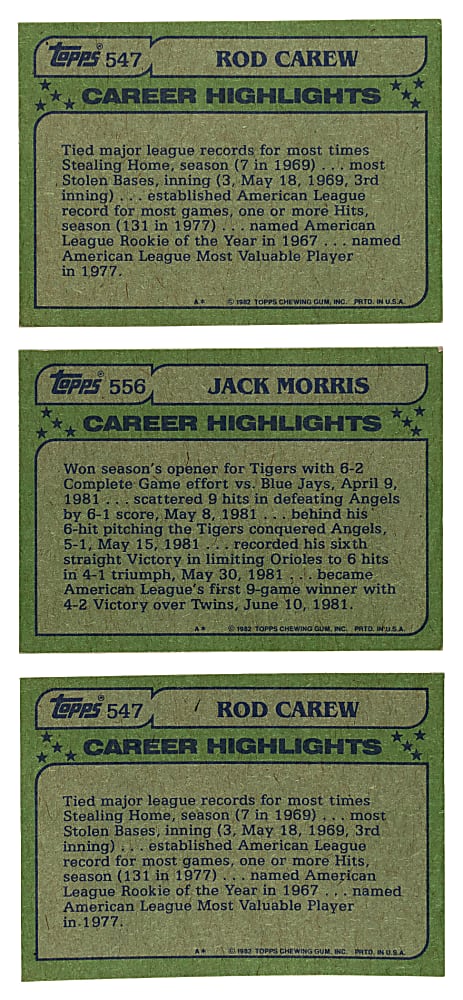 1982 Topps Hall of Fame "Blackless" Variation Trio
