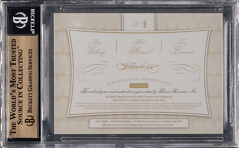 2016 Panini Flawless Teammates #9 Triple Relics Emerald Lou Gehrig /Bob Meusel /Tony Lazzeri #4/5 BGS GEM MINT 9.5