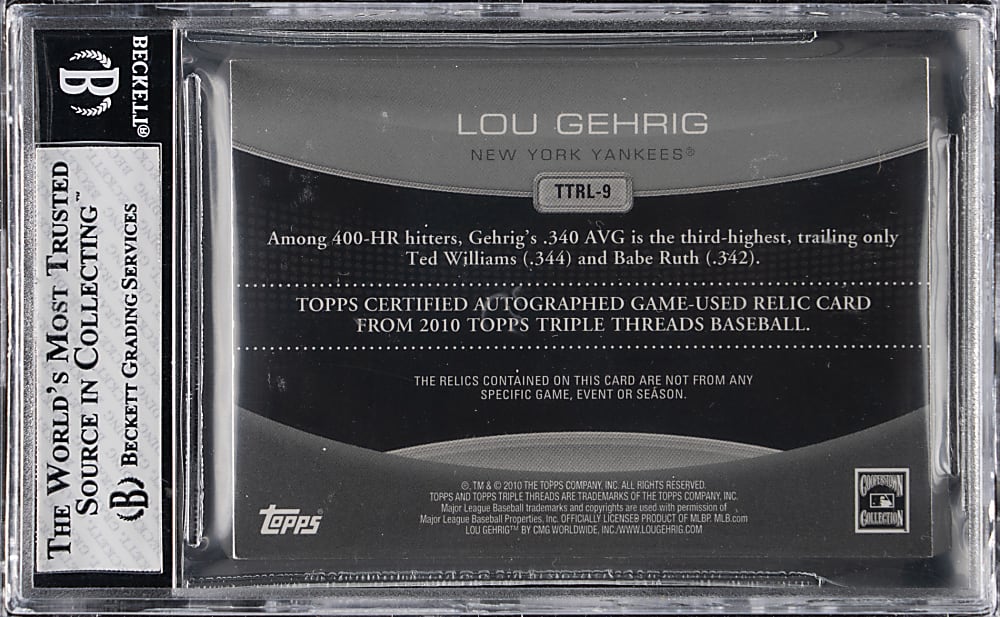 2010 Topps Triple Threads Legends Relics Platinum Lou Gehrig #1/1 BGS NM-MT 8