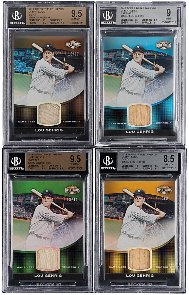 2011 Topps Triple Threads Unity Relics Lou Gehrig BGS Graded Near Rainbow Set (4/5) with Sapphire #/3 & Gold #/9 - All BGS NM-MT+ 8.5 to GEM MINT 9.5
