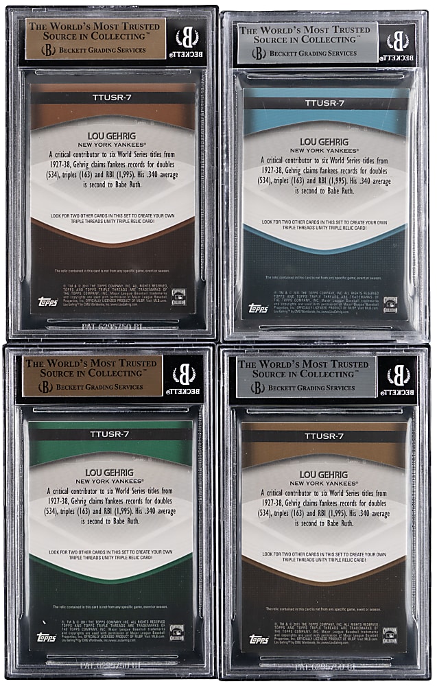 2011 Topps Triple Threads Unity Relics Lou Gehrig BGS Graded Near Rainbow Set (4/5) with Sapphire #/3 & Gold #/9 - All BGS NM-MT+ 8.5 to GEM MINT 9.5