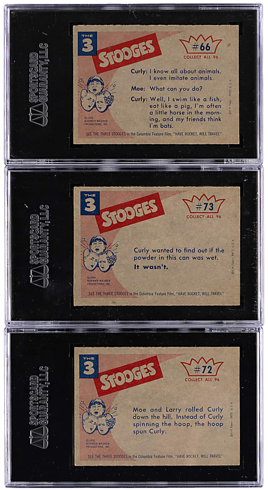 1959 Fleer The Three Stooges SGC Graded Tougher Gray Back Trio - Each SGC NM/MT 8 to NM/MT+ 8.5