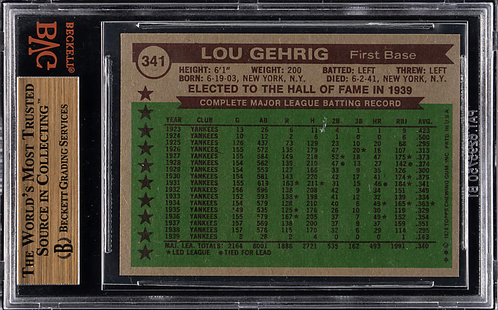 1976 Topps #341 Lou Gehrig All-Time All-Stars BVG GEM MINT 9.5