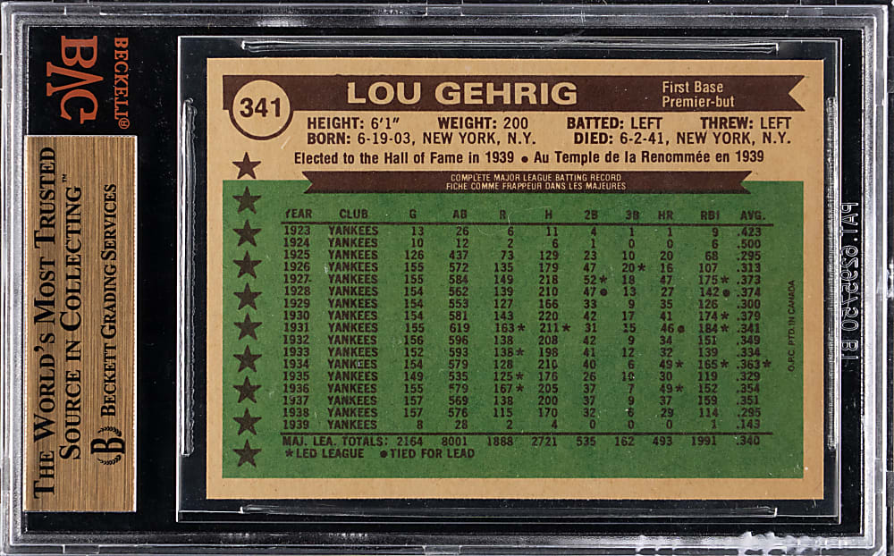 1976 O-Pee-Chee #341 Lou Gehrig All-Time All-Stars BVG GEM MINT 9.5