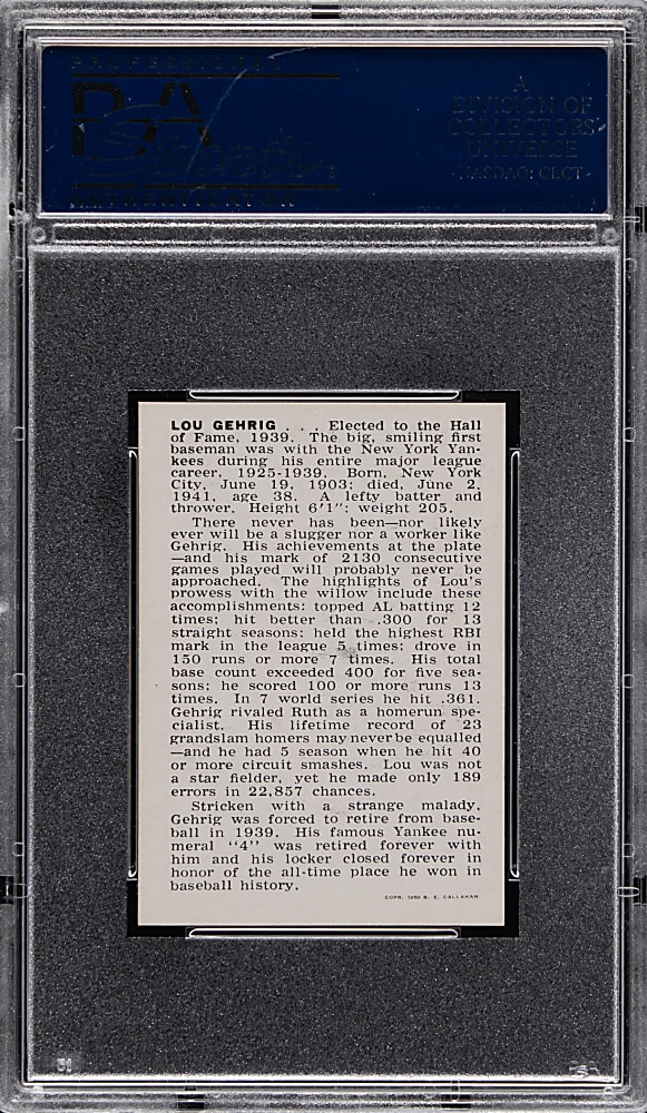 1950 Callahan Hall of Fame Lou Gehrig PSA NM-MT 8