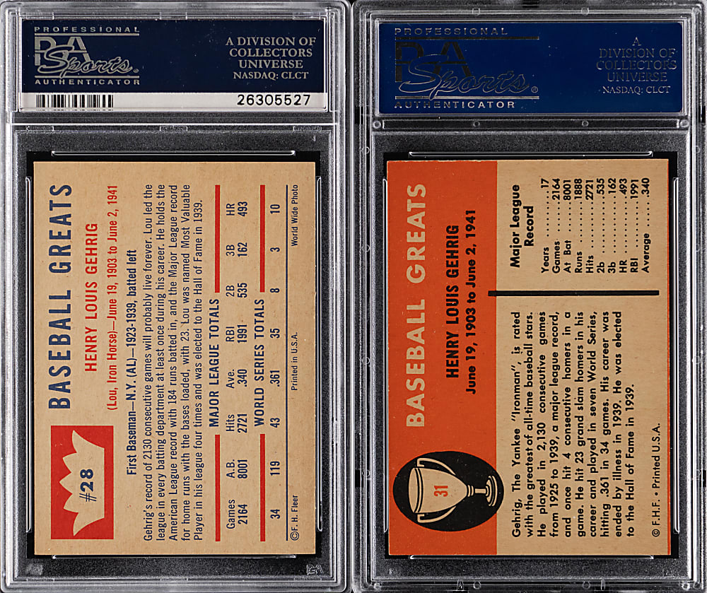 1960 & 1961 Fleer Baseball Greats Lou Gehrig PSA NM-MT 8 Pair