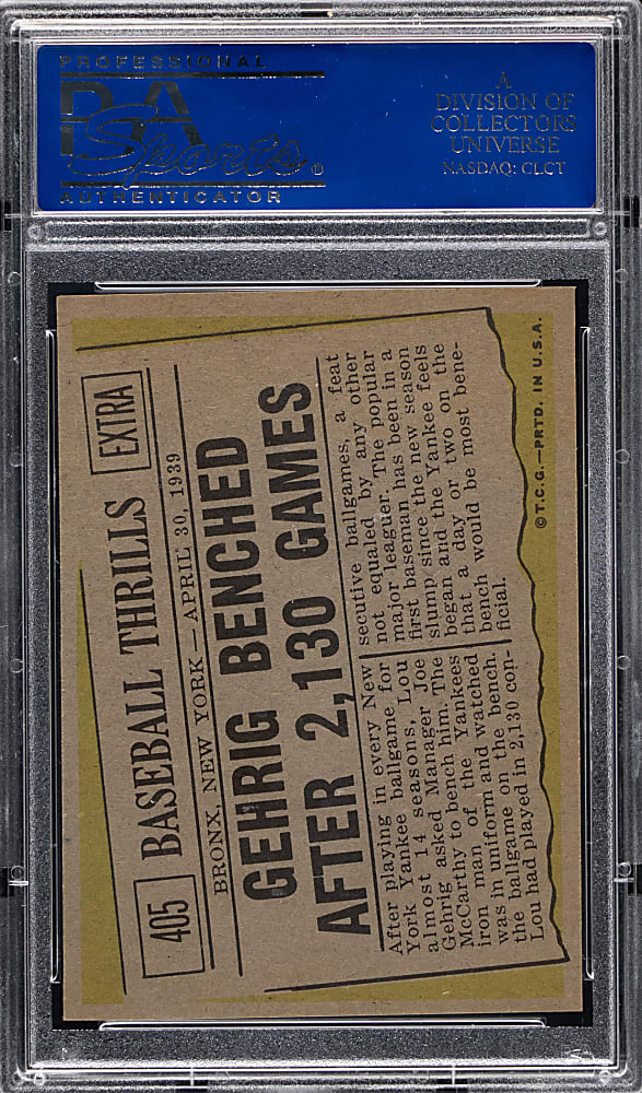 1961 Topps #405 Lou Gehrig Streak PSA MINT 9 - Only 1 Higher!