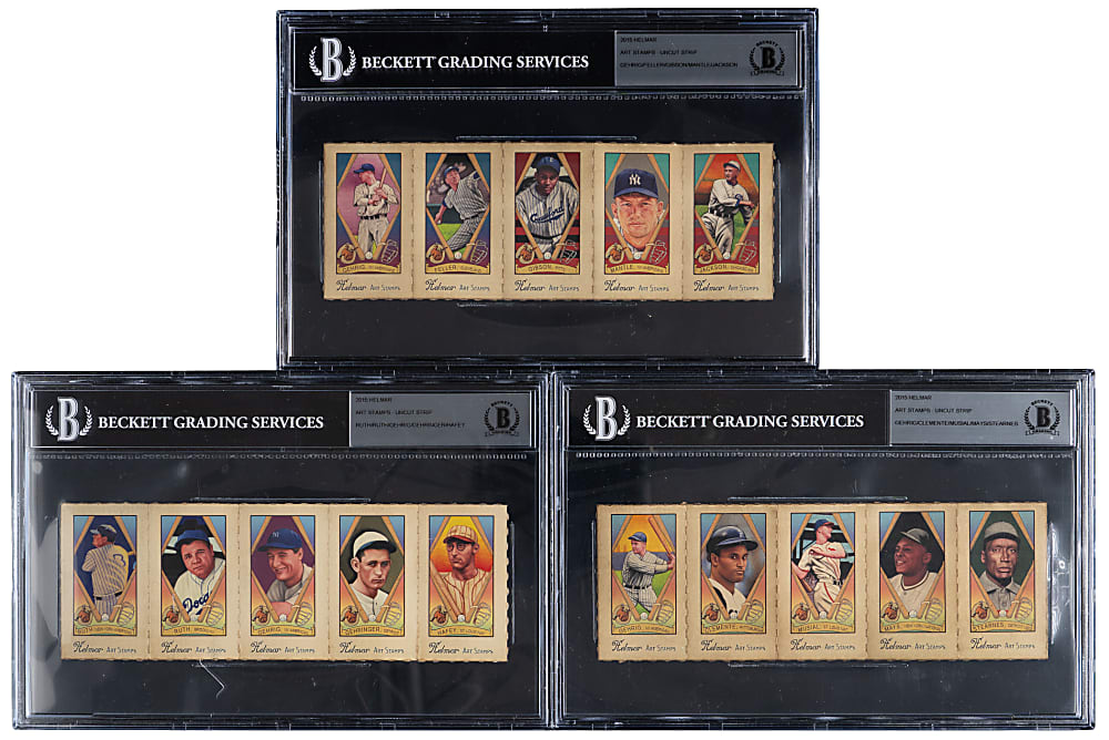 2015 Helmar Art Stamps Uncut Strips BGS Trio with (3) Gehrig, (2) Ruth, J. Gibson & Mantle