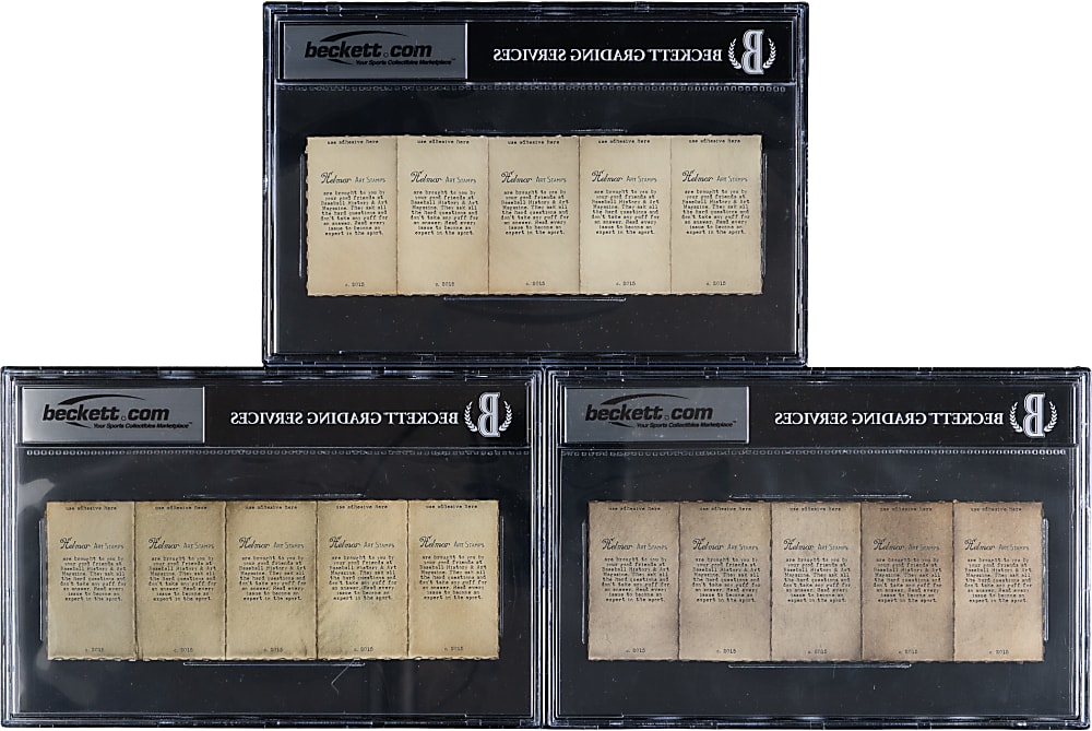 2015 Helmar Art Stamps Uncut Strips BGS Trio with (3) Gehrig, (2) Ruth, J. Gibson & Mantle