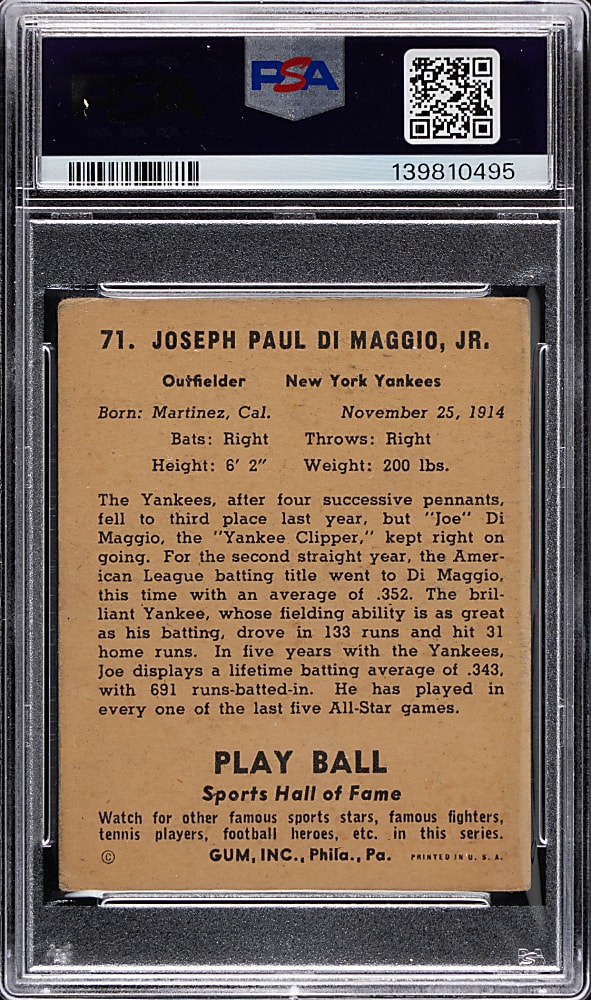 1941 Play Ball #71 Joe DiMaggio PSA VG 3