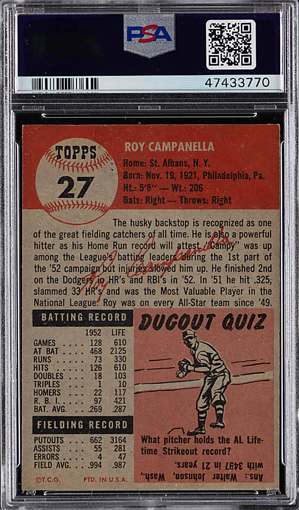 1953 Topps #27 Roy Campanella PSA EX-MT 6