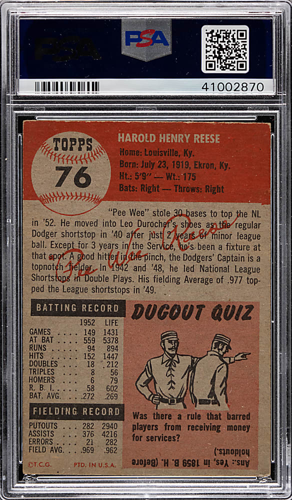 1953 Topps #76 Pee Wee Reese PSA EX 5