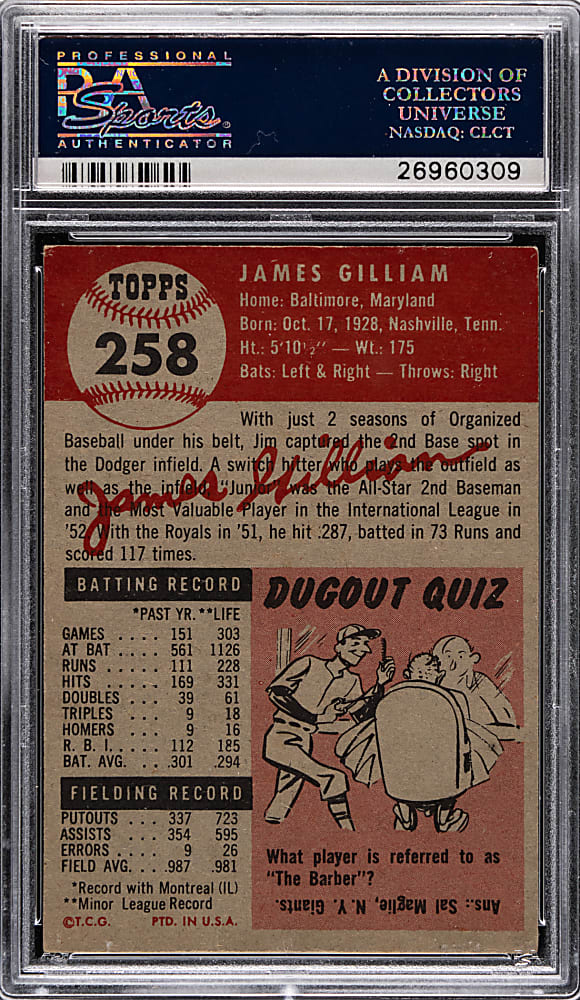 1953 Topps #258 Jim Gilliam Rookie PSA VG-EX 4