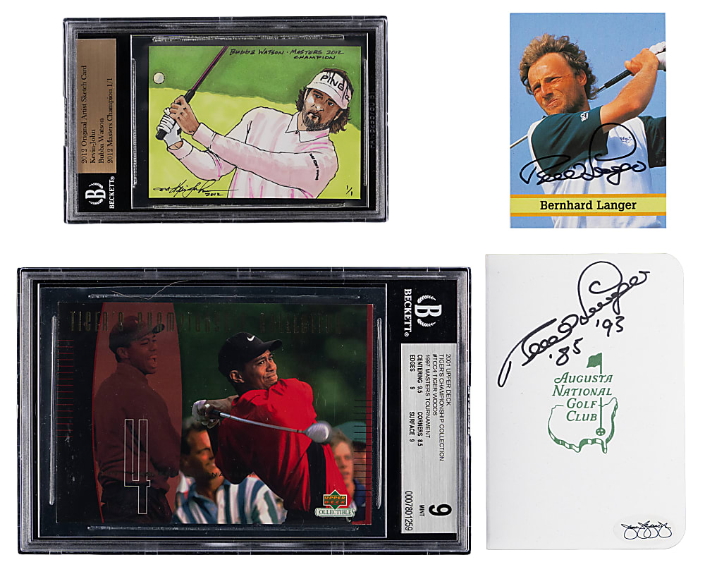 Golf Collectible Quartet with 2001 Tiger Woods BGS MINT 9, Bubba Watson #1/1 BGS & (2) Signed Langer