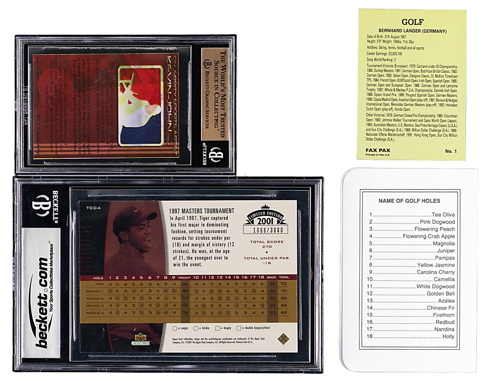 Golf Collectible Quartet with 2001 Tiger Woods BGS MINT 9, Bubba Watson #1/1 BGS & (2) Signed Langer