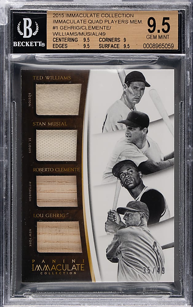 2015 Panini Immaculate Collection #1 Quad Relic with Gehrig, Clemente, Musial & T. Williams #35/49 BGS GEM MINT 9.5