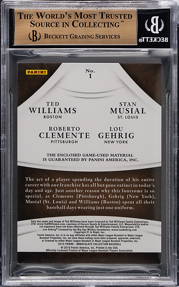 2015 Panini Immaculate Collection #1 Quad Relic with Gehrig, Clemente, Musial & T. Williams #35/49 BGS GEM MINT 9.5