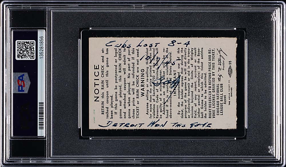 1945 Detroit Tigers vs. Chicago Cubs World Series Game 5 Ticket Stub PSA EX 5 (mk)