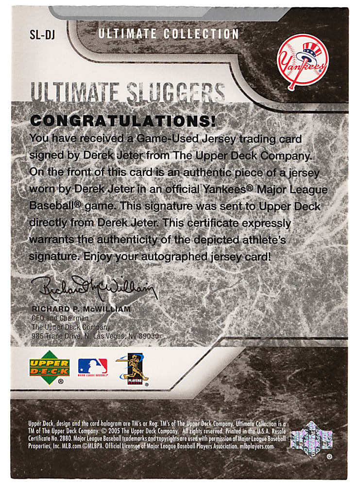 2005 Upper Deck Ultimate Collection Ultimate Sluggers Derek Jeter Certified Autograph/Game-Used Jersey #5/20