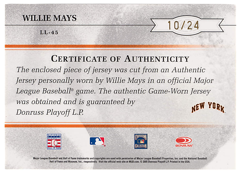 2005 Leaf Limited Legends Willie Mays Certified Autograph/Game-Used Jersey #10/24