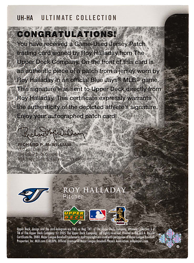 2005 Upper Deck Ultimate Collection Ultimate Hurlers Roy Halladay Certified Autograph/Game-Used Jersey #8/10