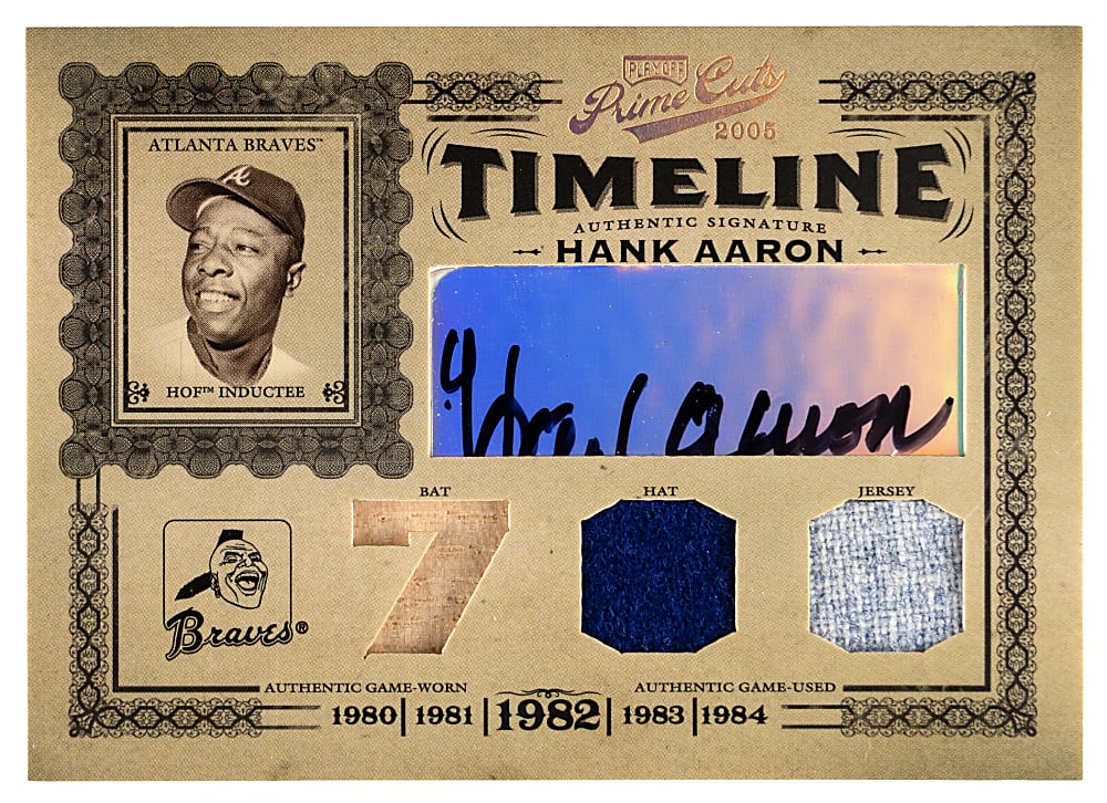 2005 Playoff Prime Cuts Timeline Hank Aaron Certified Autograph & Three-Piece Relic Combo #3/5