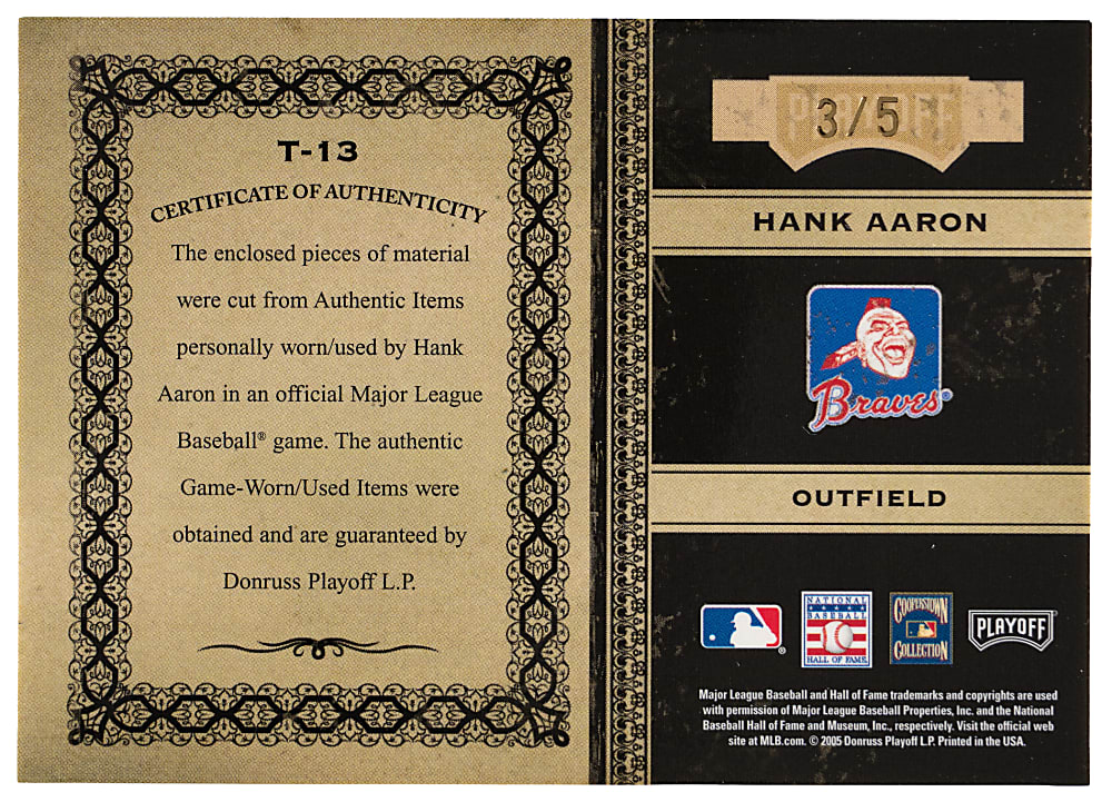 2005 Playoff Prime Cuts Timeline Hank Aaron Certified Autograph & Three-Piece Relic Combo #3/5