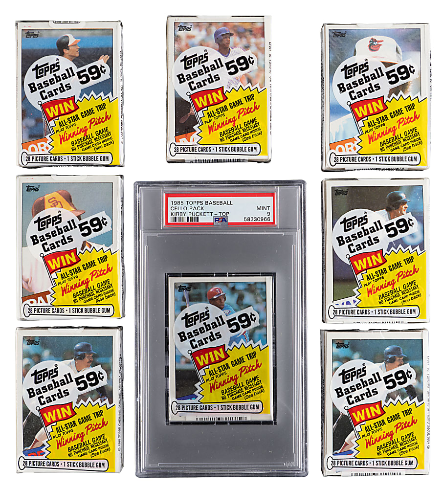 1985 Topps Baseball Unopened Cello Packs (10) with Mostly Hall of Famers & Stars Showing Including PSA MINT 9 Puckett Rookie on Top!