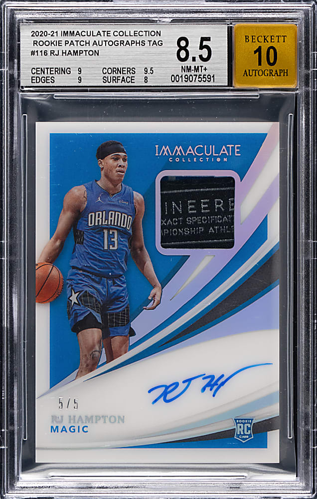 2020-2021 Immaculate Collection Basketball #116 Rookie Patch Autographs RJ Hampton Laundry Tag #/5 BGS NM-MT+ 8.5 with 10 Autograph