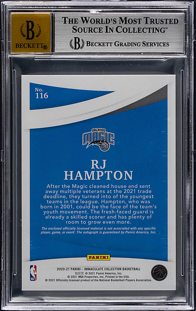 2020-2021 Immaculate Collection Basketball #116 Rookie Patch Autographs RJ Hampton Laundry Tag #/5 BGS NM-MT+ 8.5 with 10 Autograph