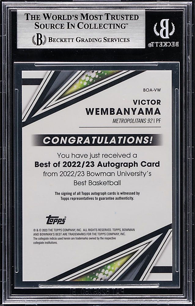 2022-2023 Bowman's Best University Victor Wembanyama Rookie  Best of '22 Autographs BGS MINT 9