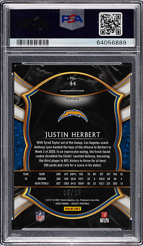 2020 Panini Select Football #44 Justin Herbert Rookie Tie-Dye Prizm #/25 PSA GEM MINT 10