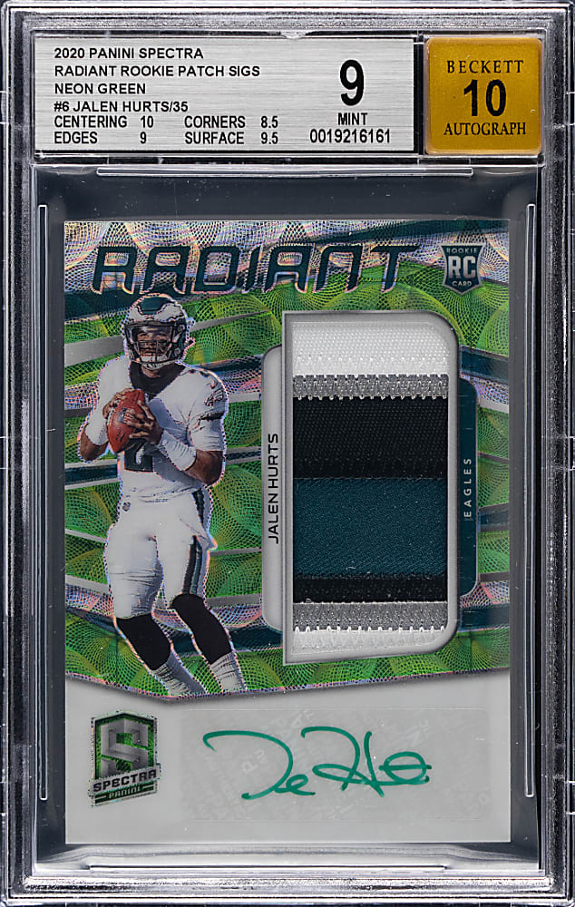 2020 Panini Spectra Football Radiant Rookie Patch Autographs #6 Jalen Hurts Rookie Neon Green #/35 BGS MINT 9 with 10 Autograph