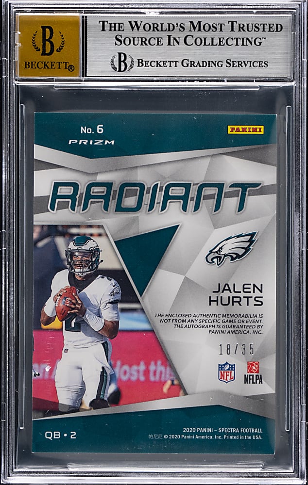 2020 Panini Spectra Football Radiant Rookie Patch Autographs #6 Jalen Hurts Rookie Neon Green #/35 BGS MINT 9 with 10 Autograph