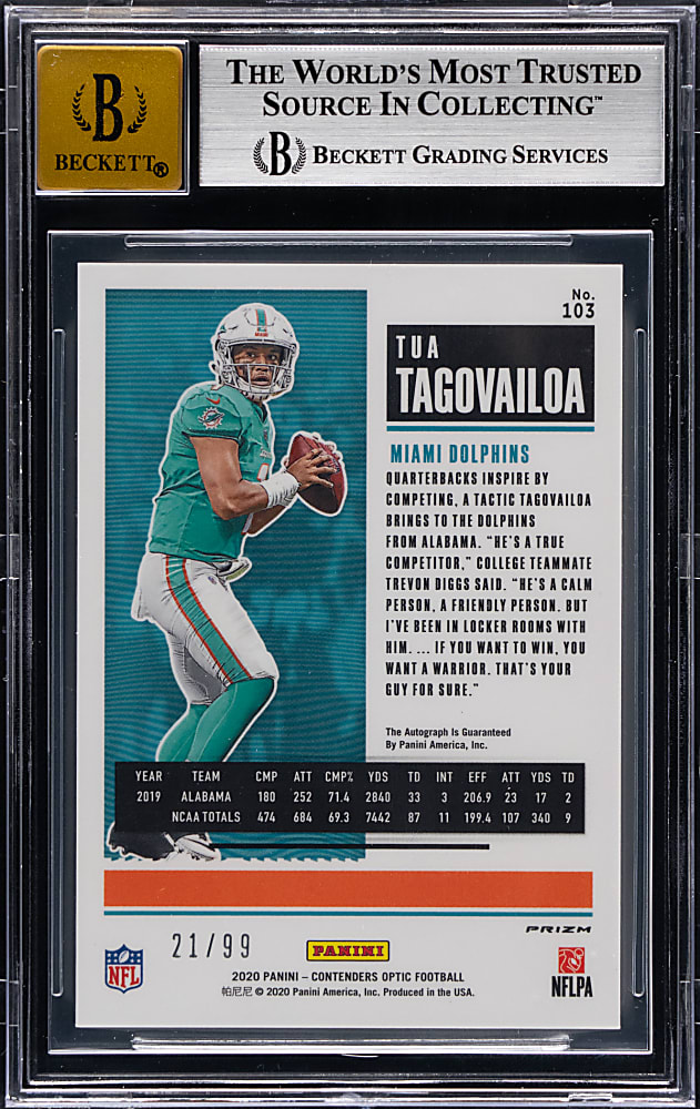 2020 Panini Contenders Optic Football #103 Tua Tagovailoa Rookie Teal Autograph #/99 BGS NM+ 7.5 with 10 Autograph